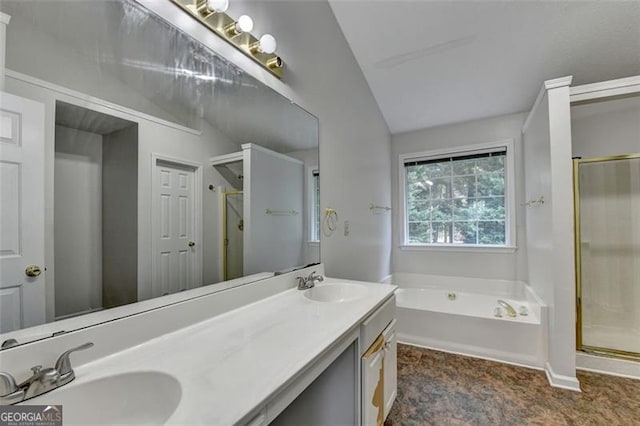 5385 Spotted Fawn Ct, Suwanee, GA 30024 - full bath featuring a shower stall, lofted ceiling, double vanity, and a garden tub