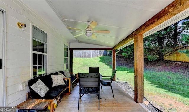 5385 Spotted Fawn Ct, Suwanee, GA 30024 - wooden terrace featuring an outdoor living space and a ceiling fan