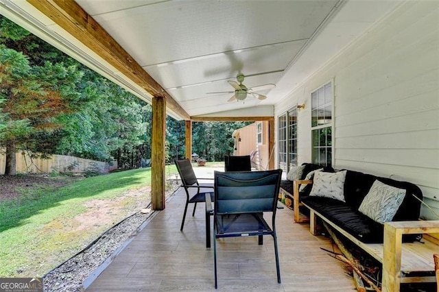 5385 Spotted Fawn Ct, Suwanee, GA 30024 - deck featuring ceiling fan and an outdoor living space