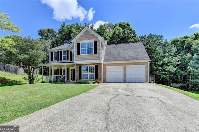 5385 Spotted Fawn Ct, Suwanee, GA 30024 - view of front of property with a garage, concrete driveway, covered porch, and brick siding