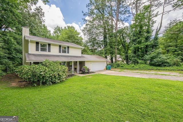 5868 Kingswood Ct NW, Norcross, GA 30093 - traditional-style home with a chimney, an attached garage, concrete driveway, a front yard, and covered porch