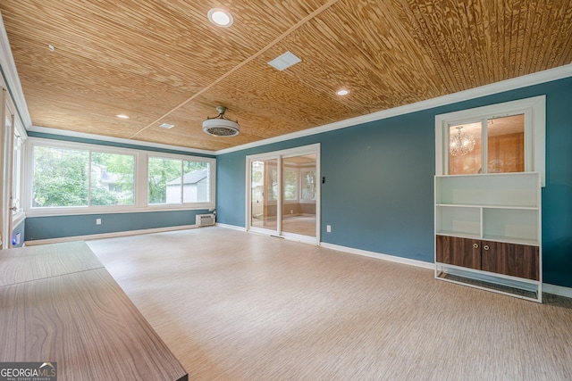 5868 Kingswood Ct NW, Norcross, GA 30093 - unfurnished room featuring wooden ceiling, wood finished floors, crown molding, a wall mounted air conditioner, and recessed lighting