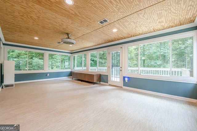 5868 Kingswood Ct NW, Norcross, GA 30093 - unfurnished sunroom with wood ceiling, ceiling fan, ornamental molding, recessed lighting, and carpet flooring