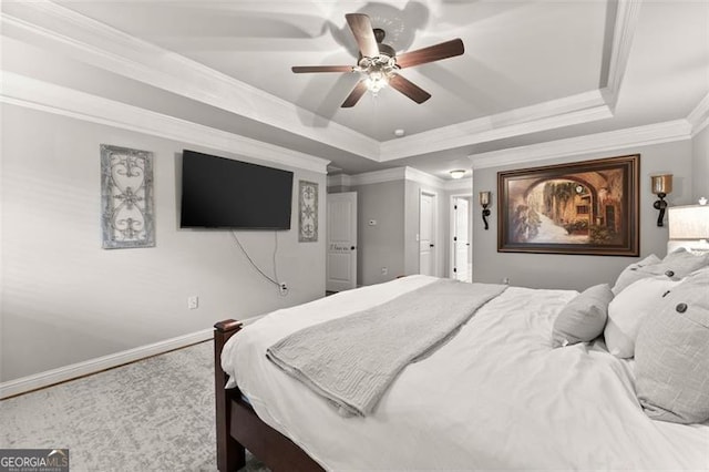 2213 Independence Ln, Buford, GA 30519 - carpeted bedroom featuring a raised ceiling, ornamental molding, and ceiling fan