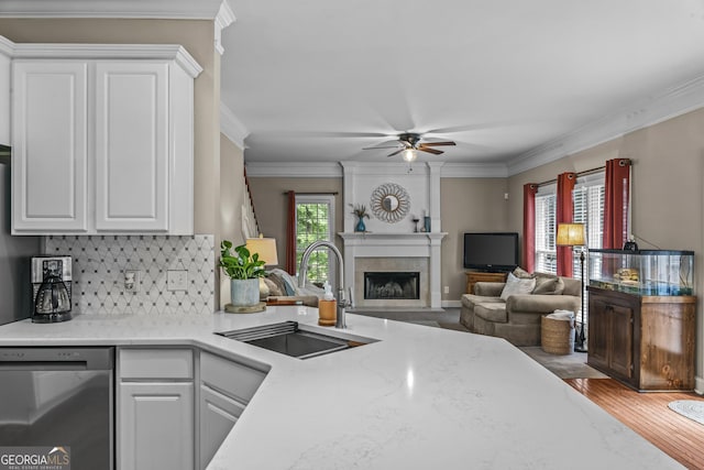 1120 Liberty Ln, Bogart, GA 30622 - kitchen with stainless steel dishwasher, a ceiling fan, a fireplace, tasteful backsplash, and white cabinets
