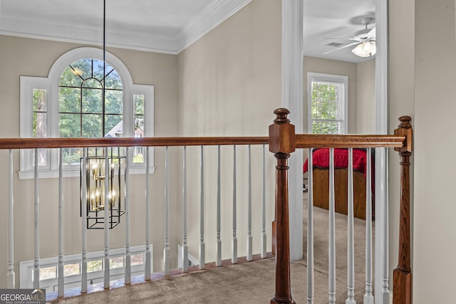 1120 Liberty Ln, Bogart, GA 30622 - stairway featuring a chandelier, carpet, ornamental molding, and a ceiling fan