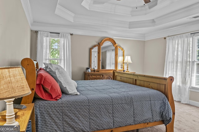 1120 Liberty Ln, Bogart, GA 30622 - carpeted bedroom featuring ornamental molding, a tray ceiling, and ceiling fan