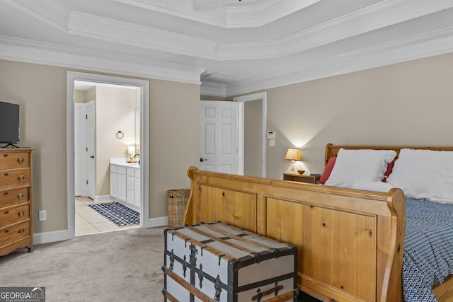 1120 Liberty Ln, Bogart, GA 30622 - bedroom with a raised ceiling, light carpet, ornamental molding, and ensuite bath