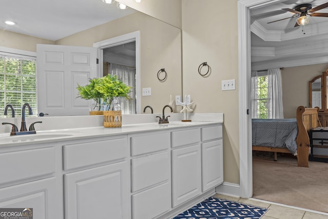 1120 Liberty Ln, Bogart, GA 30622 - full bathroom with double vanity, ceiling fan, tile patterned floors, ensuite bath, and crown molding
