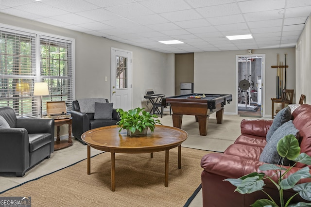 1120 Liberty Ln, Bogart, GA 30622 - living area featuring light carpet, billiards, and a paneled ceiling