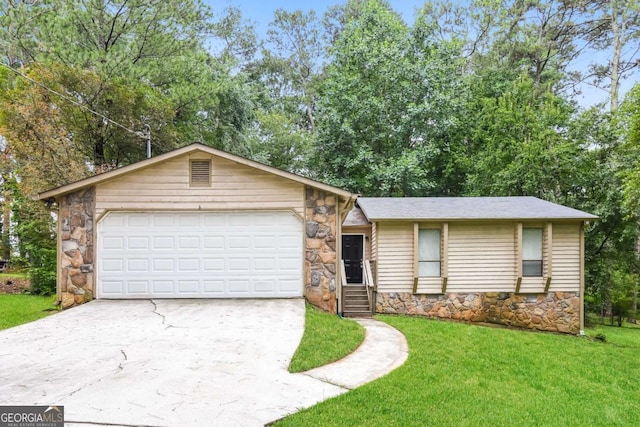 1024 Stone Mill Run, Lawrenceville, GA 30046 - ranch-style house featuring concrete driveway, stone siding, a front lawn, and an attached garage