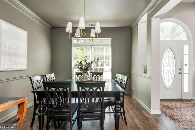 2000 Settindown Dr, Roswell, GA 30075 - dining space with a chandelier, dark wood-style flooring, and ornamental molding