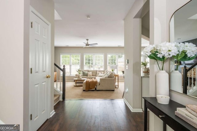 2000 Settindown Dr, Roswell, GA 30075 - foyer with stairs, ceiling fan, and dark wood-style flooring