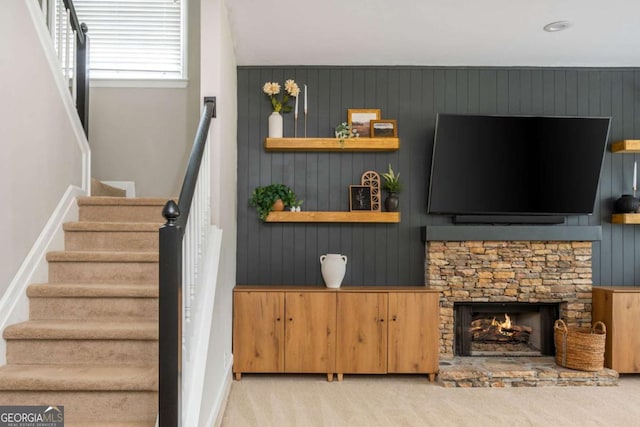 2000 Settindown Dr, Roswell, GA 30075 - stairs with carpet and a fireplace