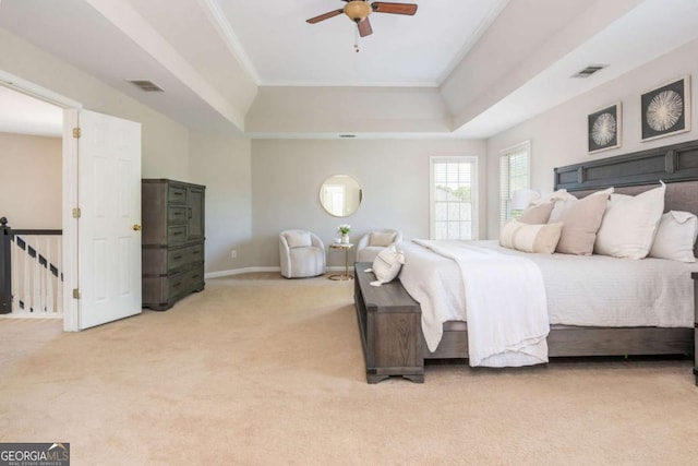 2000 Settindown Dr, Roswell, GA 30075 - bedroom with a raised ceiling, light carpet, ornamental molding, and a ceiling fan