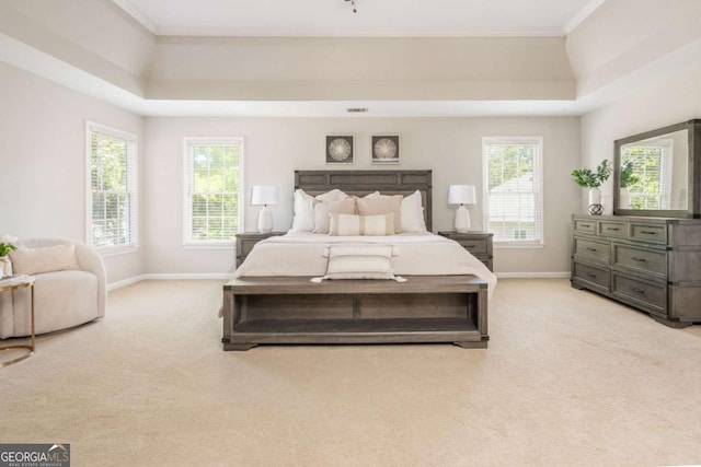 2000 Settindown Dr, Roswell, GA 30075 - bedroom with a raised ceiling, light carpet, multiple windows, and ornamental molding