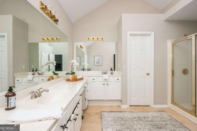 2000 Settindown Dr, Roswell, GA 30075 - full bath featuring lofted ceiling, double vanity, a shower stall, and tile patterned floors