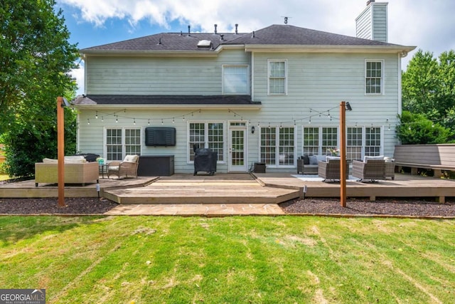 2000 Settindown Dr, Roswell, GA 30075 - back of house with an outdoor living space, a chimney, a lawn, french doors, and a wooden deck