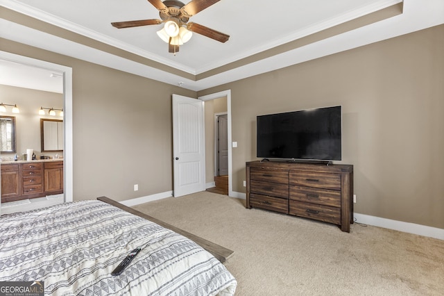 206 Barnyard Way, Perry, GA 31069 - bedroom featuring light carpet, ornamental molding, ensuite bath, a raised ceiling, and ceiling fan