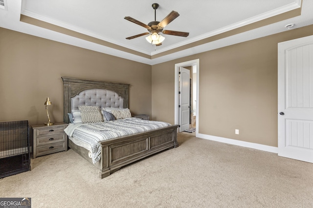 206 Barnyard Way, Perry, GA 31069 - bedroom with a raised ceiling, carpet, crown molding, and ceiling fan