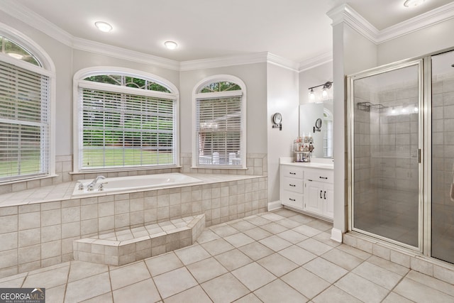 507 Wintergreen Way, Canton, GA 30115 - full bath featuring vanity, tile patterned floors, crown molding, a shower stall, and a bath