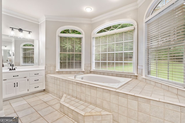 507 Wintergreen Way, Canton, GA 30115 - full bathroom featuring vanity, a garden tub, tile patterned flooring, and crown molding