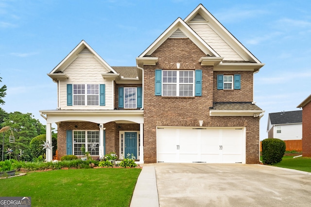 872 Misty View Ct, Lilburn, GA 30047 - view of front of house with driveway, an attached garage, brick siding, and a front lawn