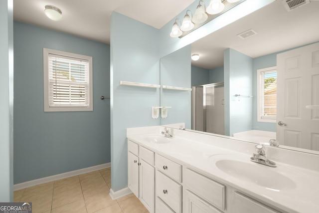 872 Misty View Ct, Lilburn, GA 30047 - full bath featuring a shower stall, double vanity, a garden tub, and tile patterned floors