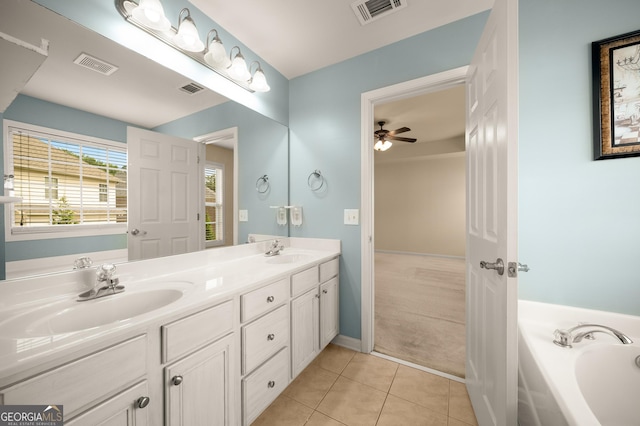872 Misty View Ct, Lilburn, GA 30047 - bathroom featuring double vanity, tile patterned flooring, a bath, and a ceiling fan