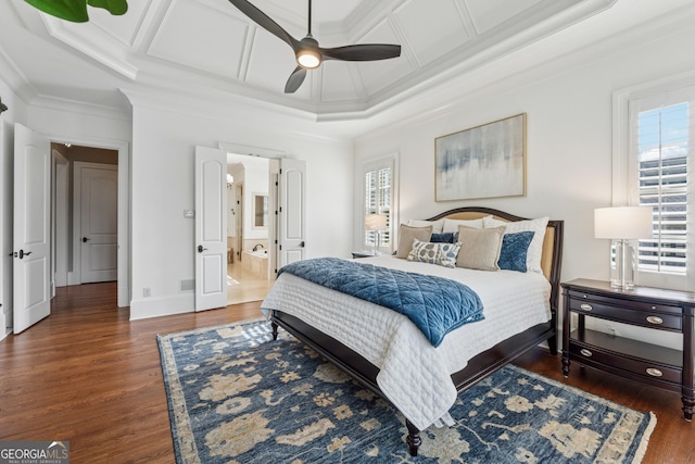 3047 Watsons Bnd, Milton, GA 30004 - bedroom with ornamental molding, coffered ceiling, wood finished floors, connected bathroom, and a ceiling fan