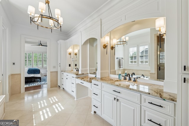 3047 Watsons Bnd, Milton, GA 30004 - full bathroom with a chandelier, vanity, connected bathroom, ornamental molding, and tile patterned flooring