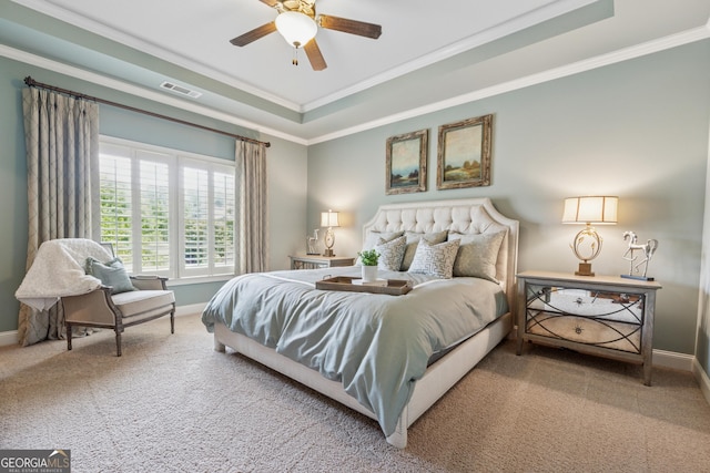 3047 Watsons Bnd, Milton, GA 30004 - bedroom with a raised ceiling, carpet flooring, ornamental molding, and ceiling fan