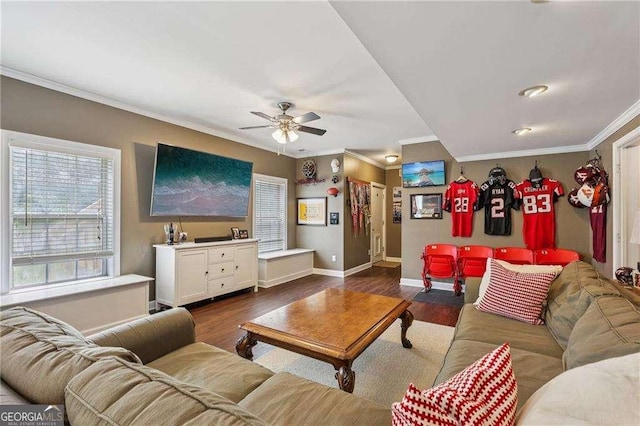2508 Haddenham Ln SW, Smyrna, GA 30082 - living area with ornamental molding, a ceiling fan, and dark wood finished floors