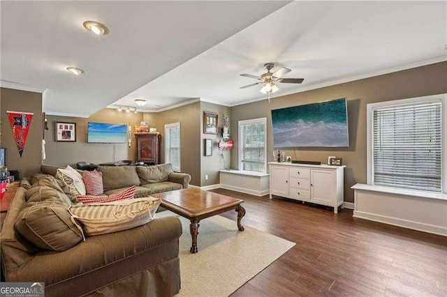 2508 Haddenham Ln SW, Smyrna, GA 30082 - living room with crown molding, a ceiling fan, and dark wood finished floors