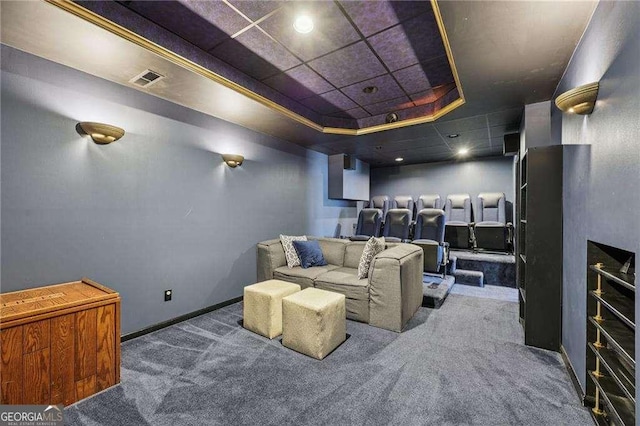 2508 Haddenham Ln SW, Smyrna, GA 30082 - home theater with a tray ceiling and carpet flooring