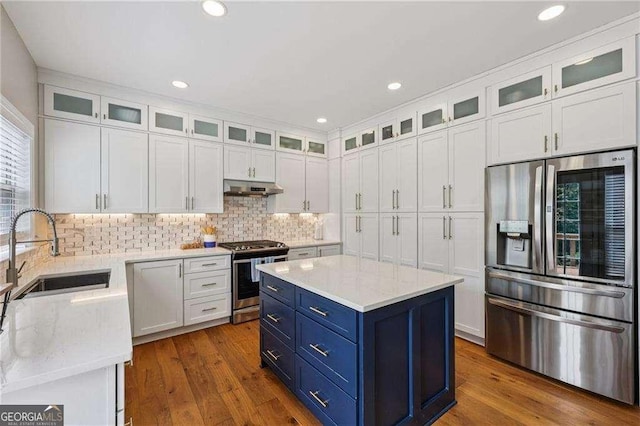 2508 Haddenham Ln SW, Smyrna, GA 30082 - kitchen with appliances with stainless steel finishes, blue cabinetry, white cabinets, decorative backsplash, and under cabinet range hood