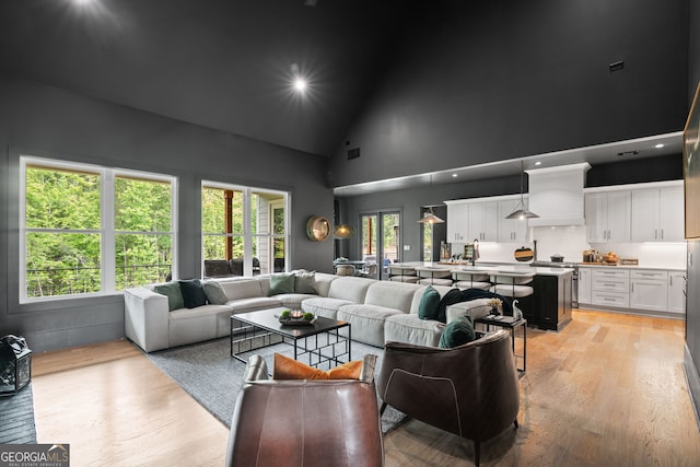40 Fernbank Way, Newnan, GA 30265 - living area featuring light wood-style flooring, high vaulted ceiling, and recessed lighting