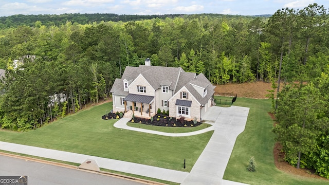 40 Fernbank Way, Newnan, GA 30265 - view of front of property with a standing seam roof, a view of trees, driveway, and a front yard