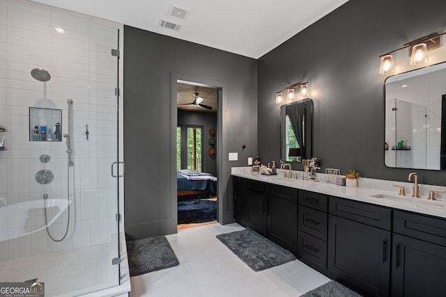 40 Fernbank Way, Newnan, GA 30265 - ensuite bathroom featuring a shower stall, double vanity, and a ceiling fan