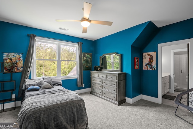 40 Fernbank Way, Newnan, GA 30265 - bedroom with light colored carpet, ceiling fan, and ensuite bathroom