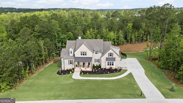 40 Fernbank Way, Newnan, GA 30265 - view of front of house featuring a standing seam roof, a view of trees, a front lawn, and a metal roof