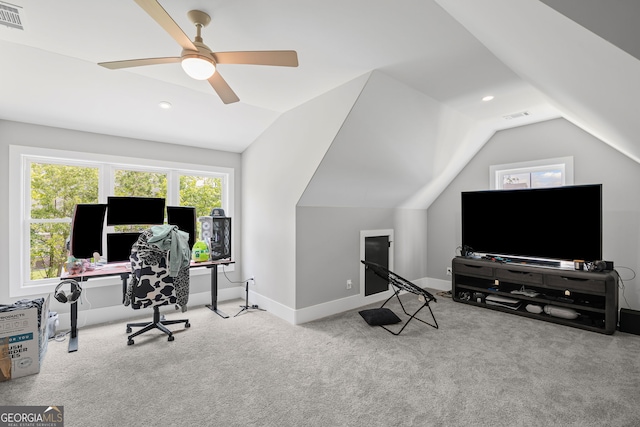 40 Fernbank Way, Newnan, GA 30265 - carpeted home office with lofted ceiling, plenty of natural light, a ceiling fan, and recessed lighting