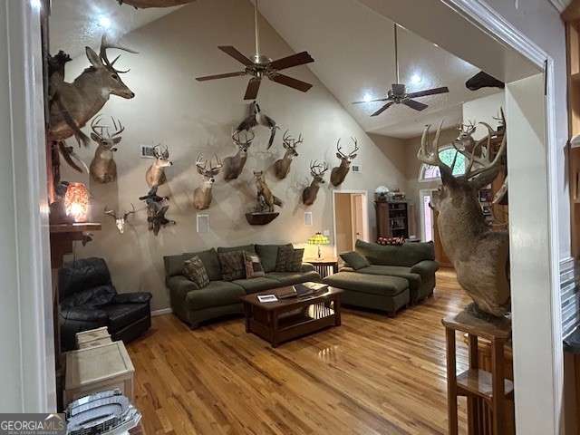 370 Butler Path, Dallas, GA 30132 - living room featuring ceiling fan, wood finished floors, and high vaulted ceiling