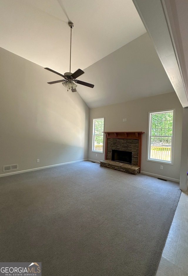 48 Narrow Ln, Dahlonega, GA 30533 - unfurnished living room featuring carpet, a fireplace with raised hearth, ceiling fan, and high vaulted ceiling
