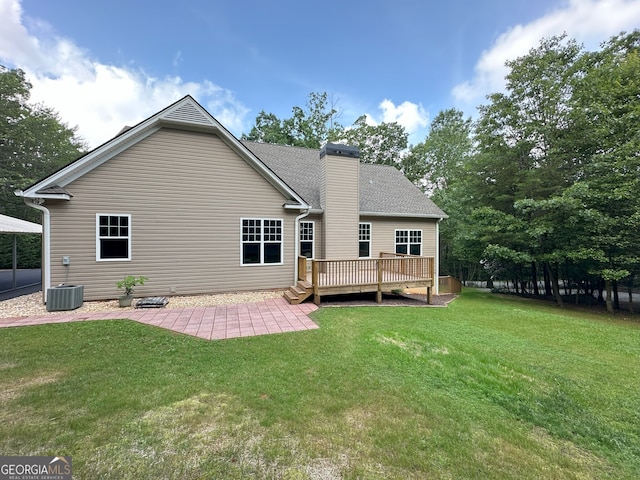 48 Narrow Ln, Dahlonega, GA 30533 - rear view of property with a patio, a lawn, a wooden deck, and a chimney