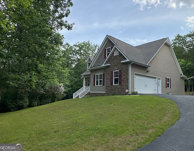 48 Narrow Ln, Dahlonega, GA 30533 - view of front of property with stone siding, asphalt driveway, a front lawn, a garage, and roof with shingles