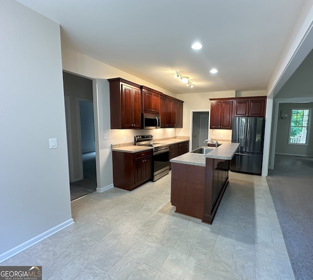 48 Narrow Ln, Dahlonega, GA 30533 - kitchen with stainless steel appliances, light countertops, a kitchen island with sink, a breakfast bar, and recessed lighting