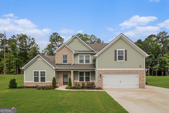 2 Whites Pond Rd, Moreland, GA 30259 - craftsman inspired home with brick siding, an attached garage, concrete driveway, a front lawn, and roof with shingles