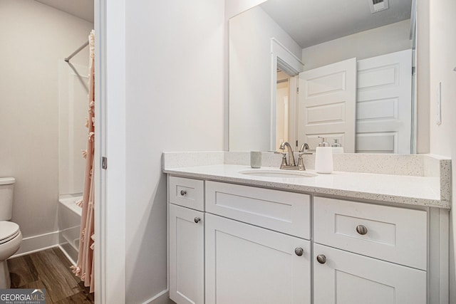2 Whites Pond Rd, Moreland, GA 30259 - bathroom featuring vanity, wood finished floors, and shower / bathtub combination with curtain
