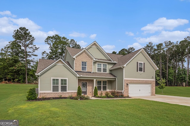 2 Whites Pond Rd, Moreland, GA 30259 - craftsman house featuring brick siding, an attached garage, driveway, a front yard, and a shingled roof
